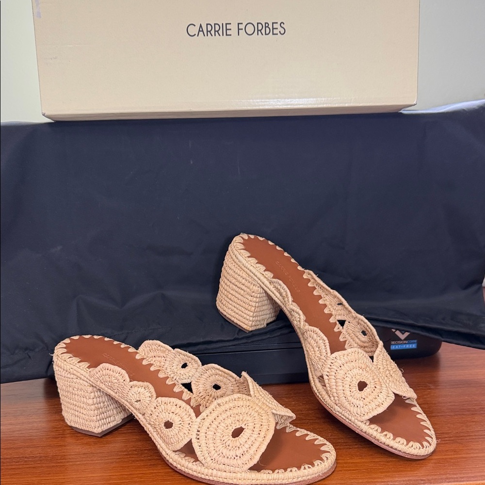 Carrie Forbes Beige Crochet Block Heel Sandals